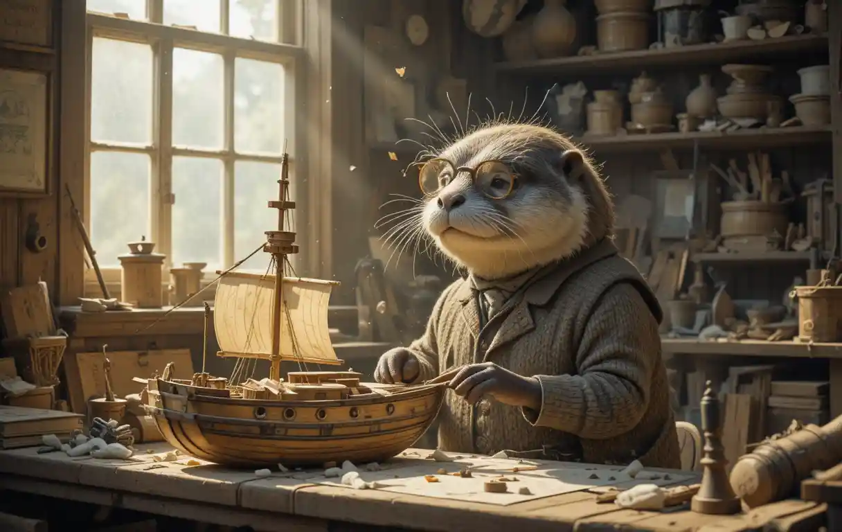 Elderly Otter Crafting A Tiny Wooden Ship In Workshop