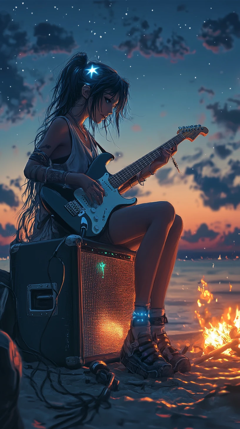 Girl playing guitar by a beach bonfire at night