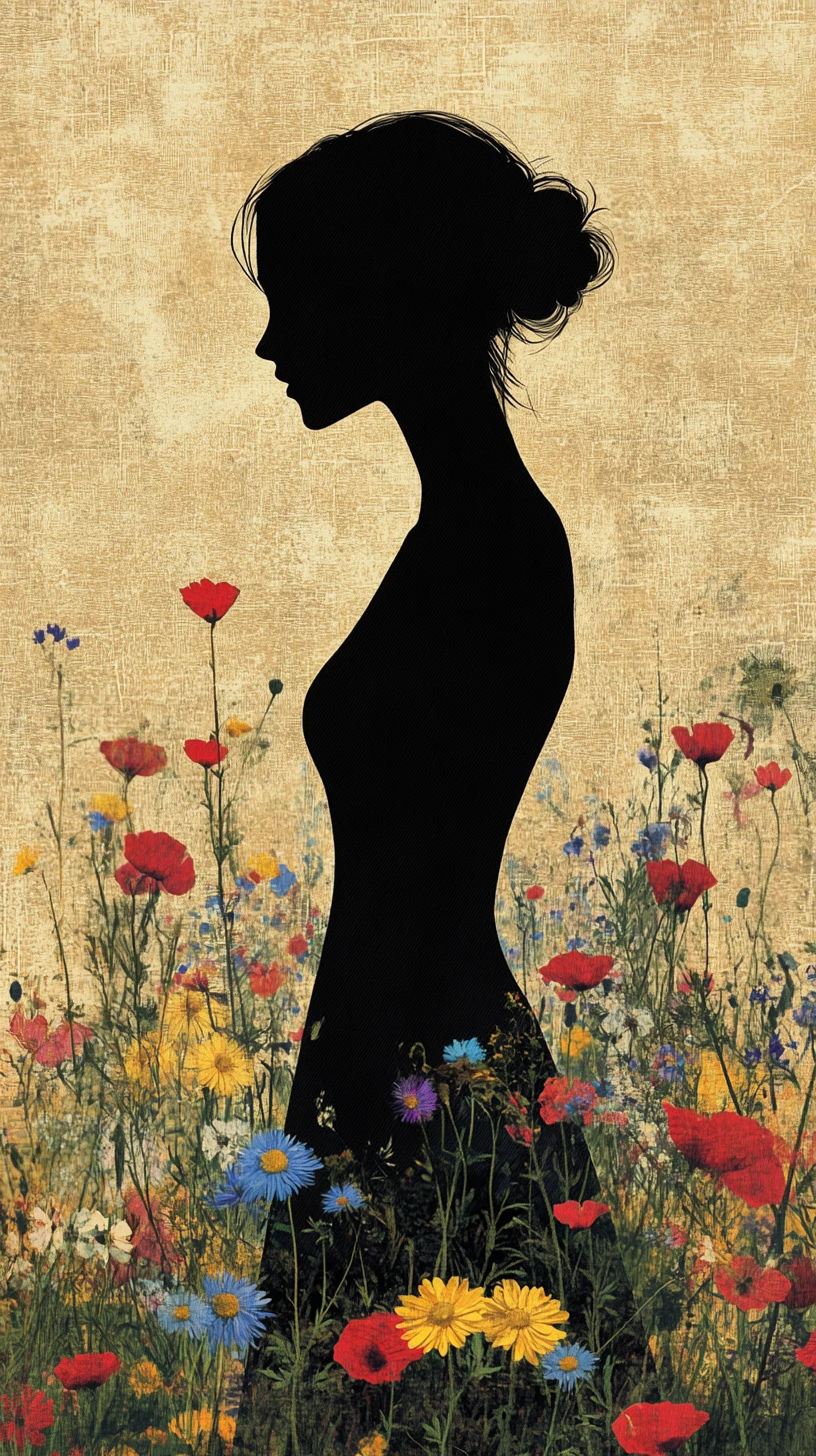 Silhouette woman in profile standing in a lush flower meadow