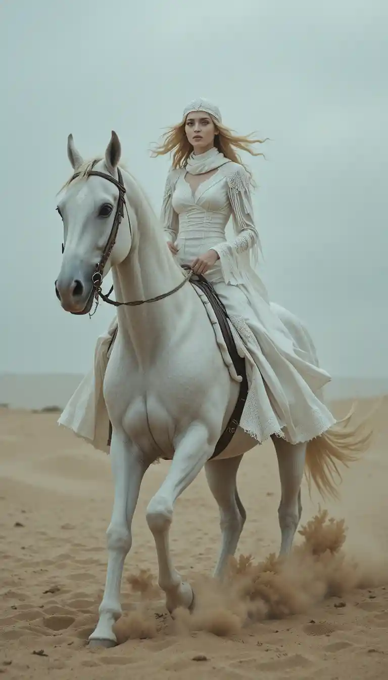 Young woman riding white horse along a quiet beach