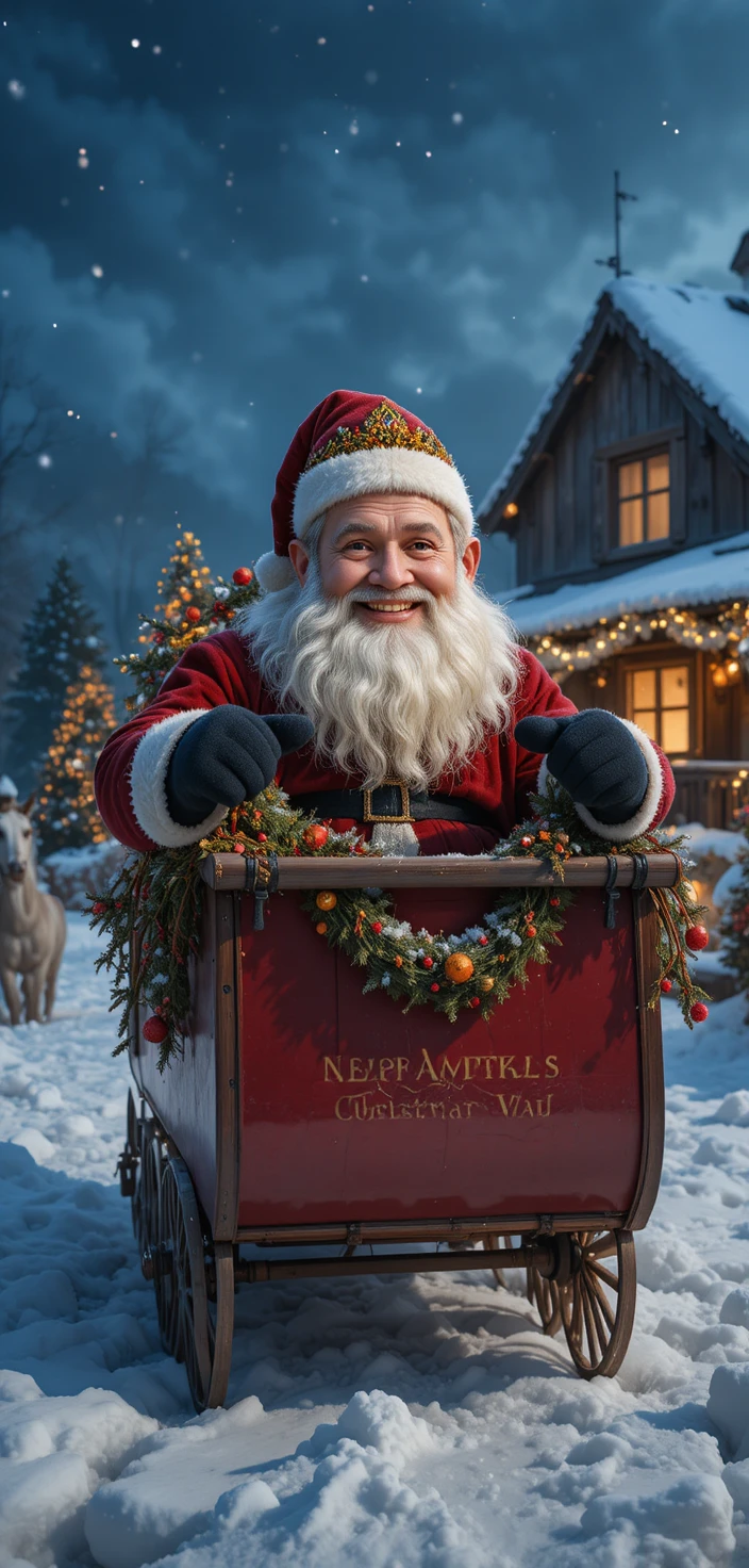 Santa Claus in sleigh before a snowy suburban house