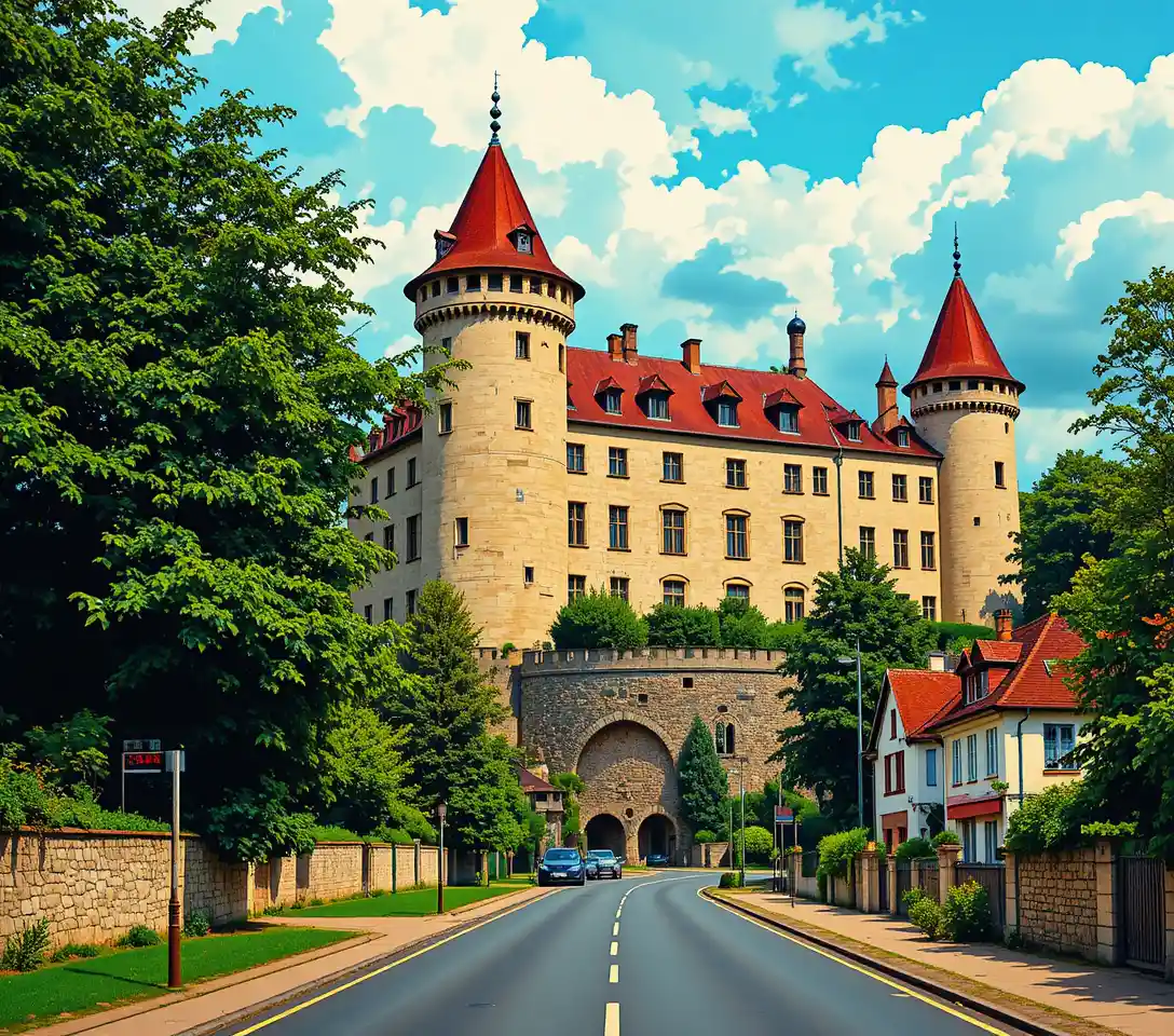 Medieval stone castle above a rustic French village street