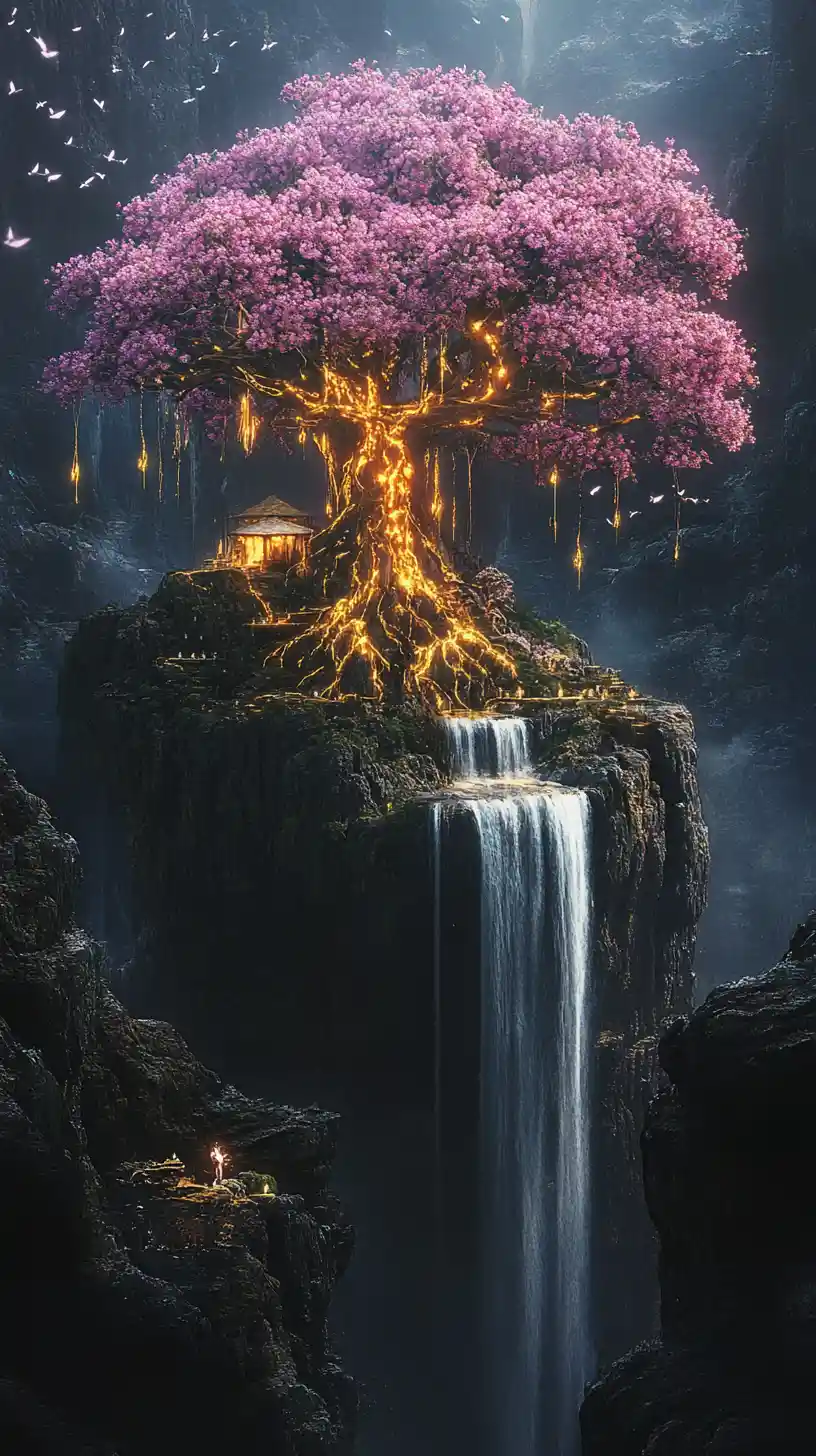 Ancient Blossoming Tree On Floating Rock Islands
