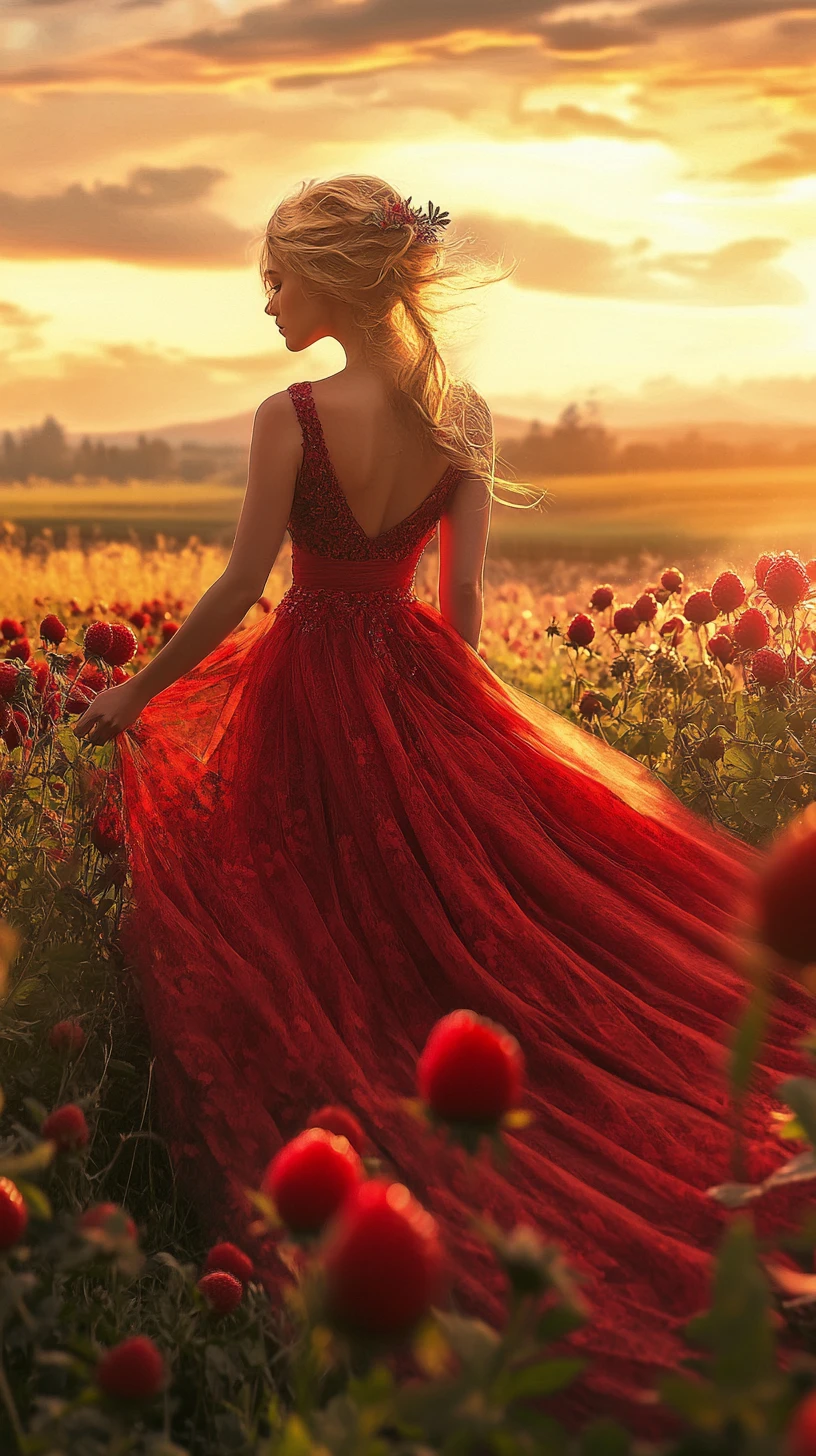 Woman in red strawberry dress at sunset landscape