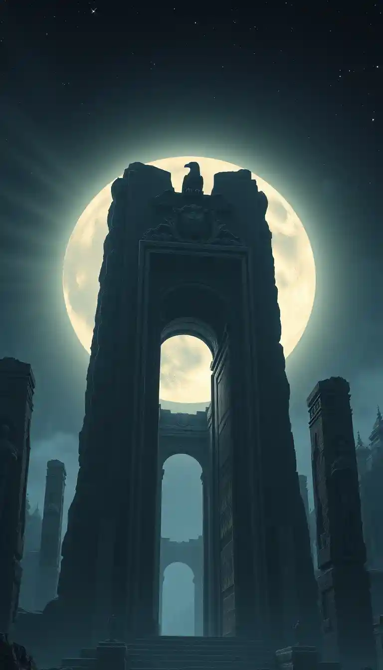 Ancient stone monolith beneath a glowing full moon