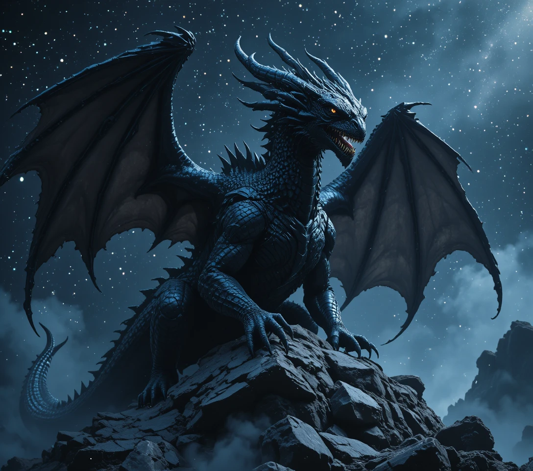 Celestial Black Dragon On A Shattered Asteroid In Space