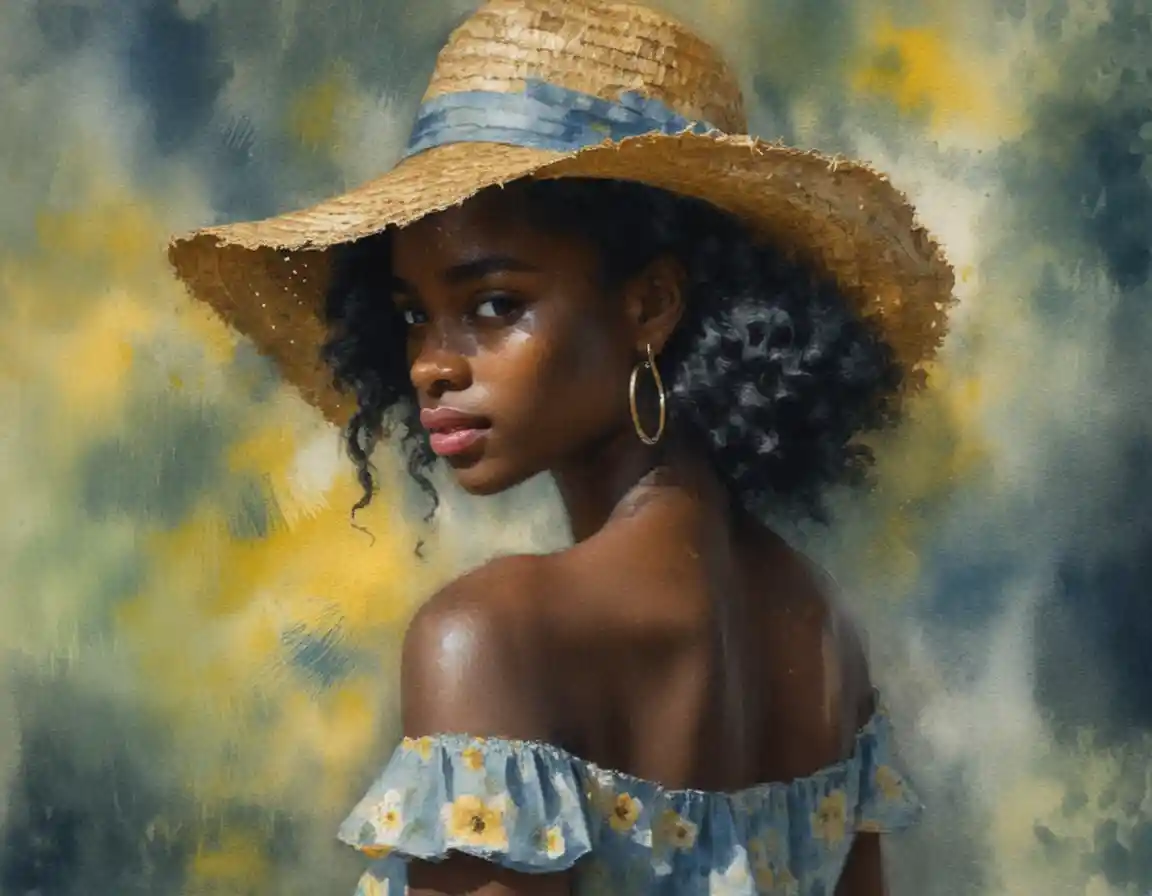 Young woman in straw hat turning over shoulder