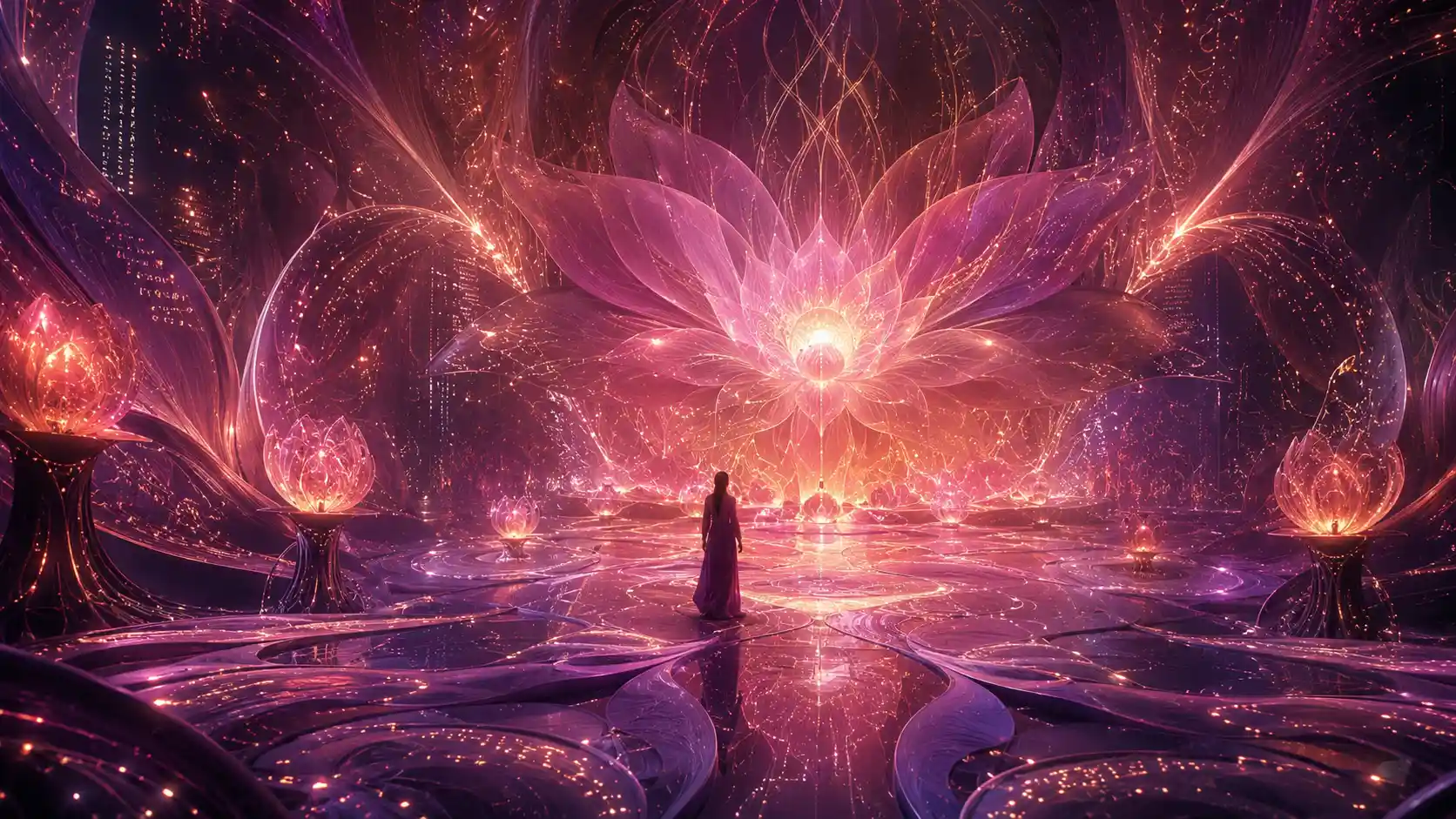 Surreal digital flowerlike environment with glowing intelligent core
