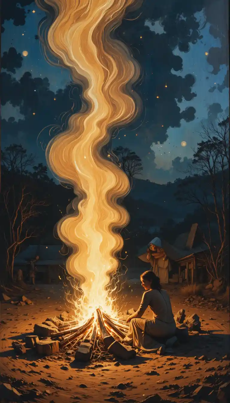 Woman in extreme close up beside a glowing night campfire