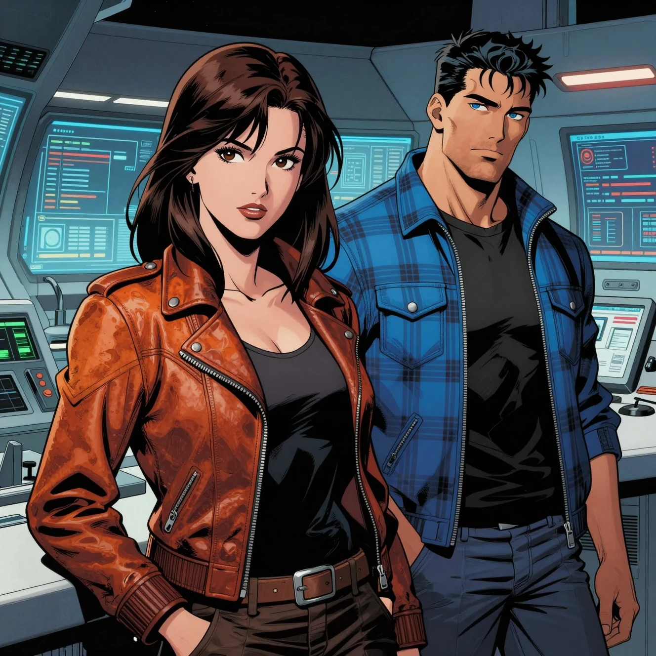 Stylish duo relaxing in a futuristic control room