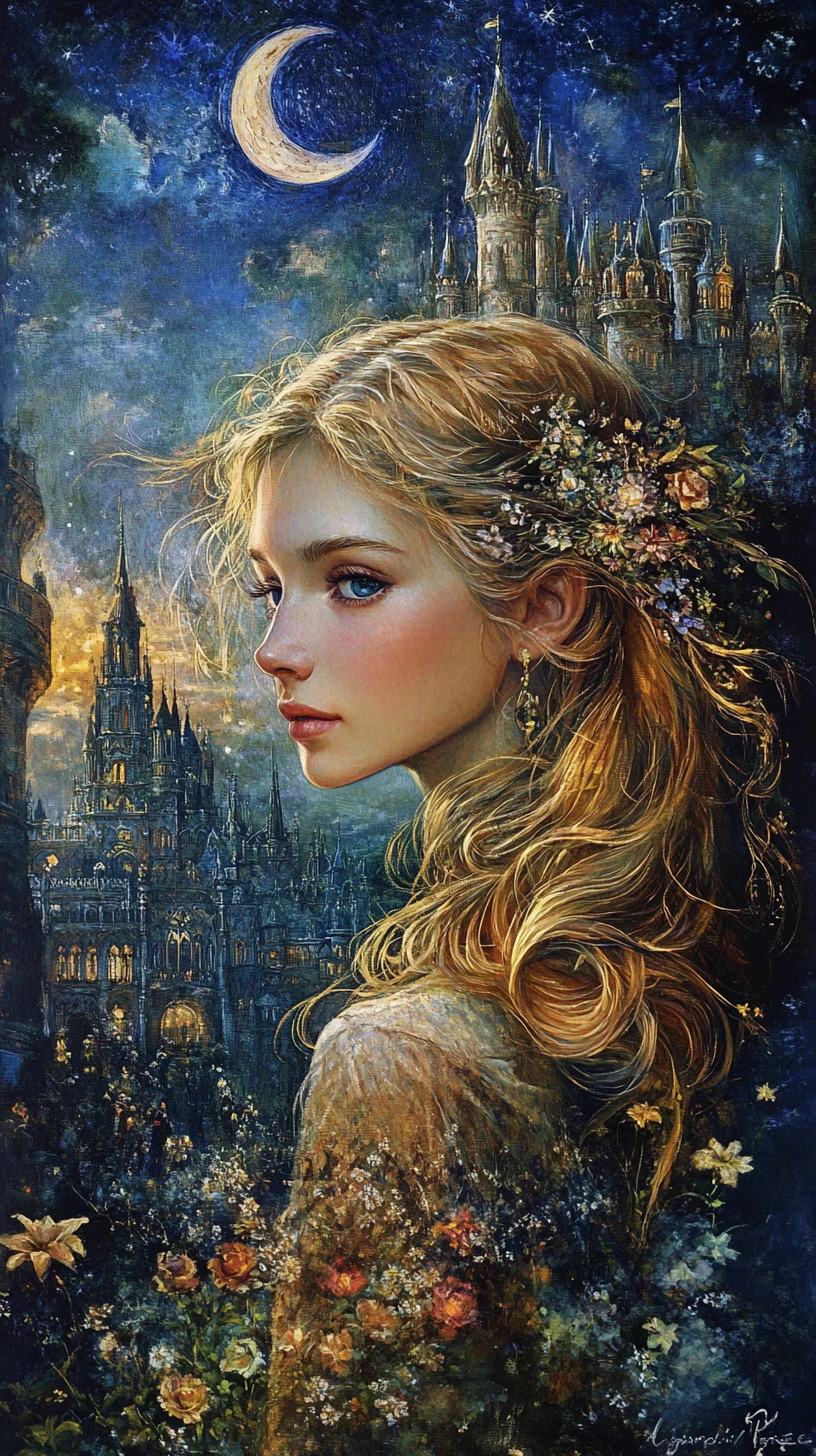 Smiling blonde young woman before Hohenzollern Castle at night