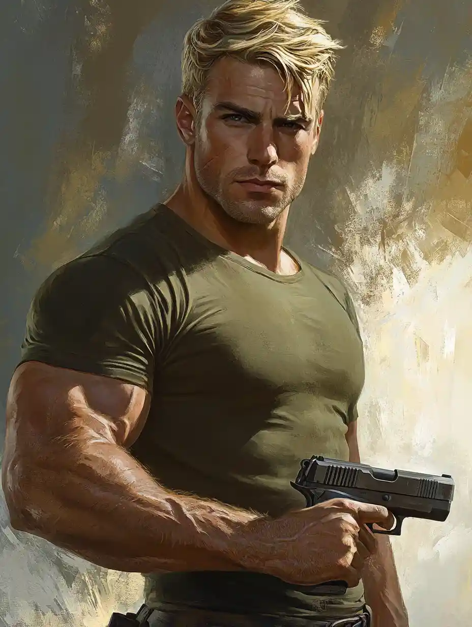 Hypermuscular blonde man with pistol in olive tshirt