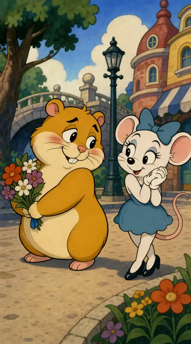 Cartoon hamster in love with a cute white mouse