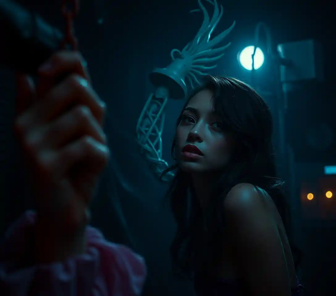 Surreal woman in a strange night with dreamlike horror tones