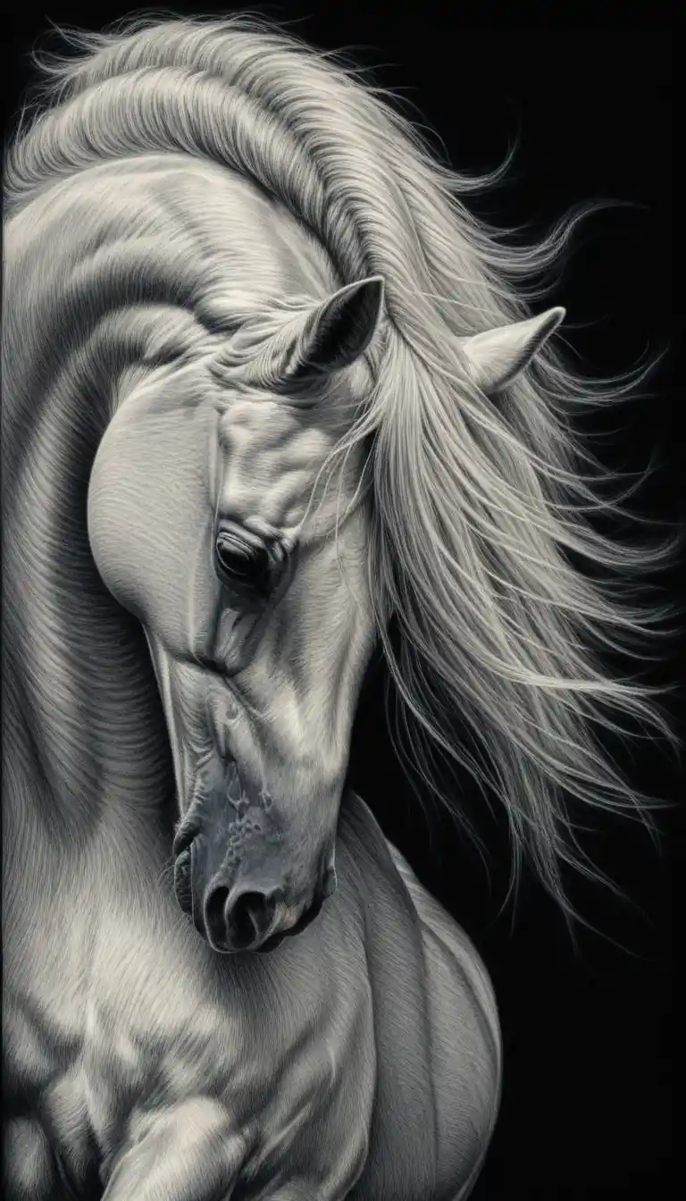White arabian horse close up in dramatic scratchboard style