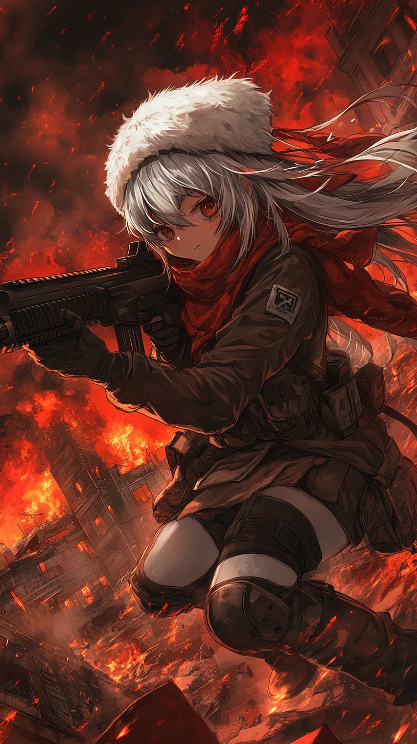 Ragazza anime che mira con un fucile in una zona di guerra in rovina