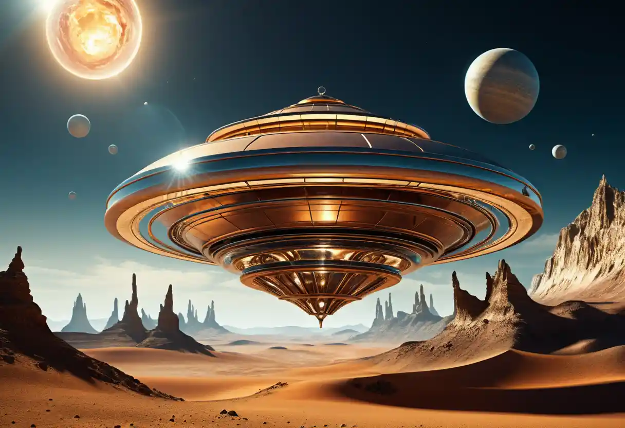 Elegant alien spacecraft hovering above a mysterious planet