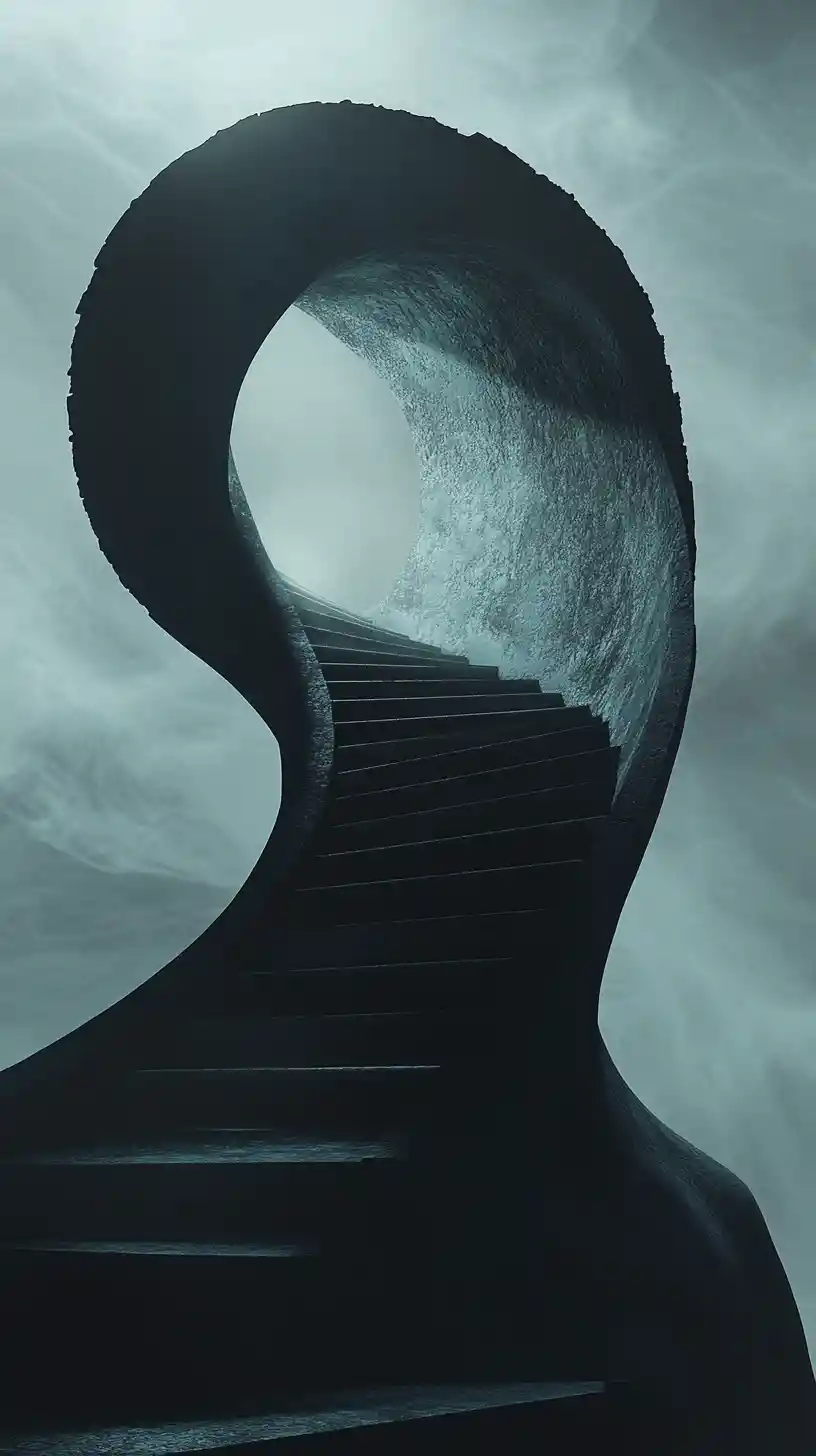 Surreal couture figure with hidden spiral staircase chest