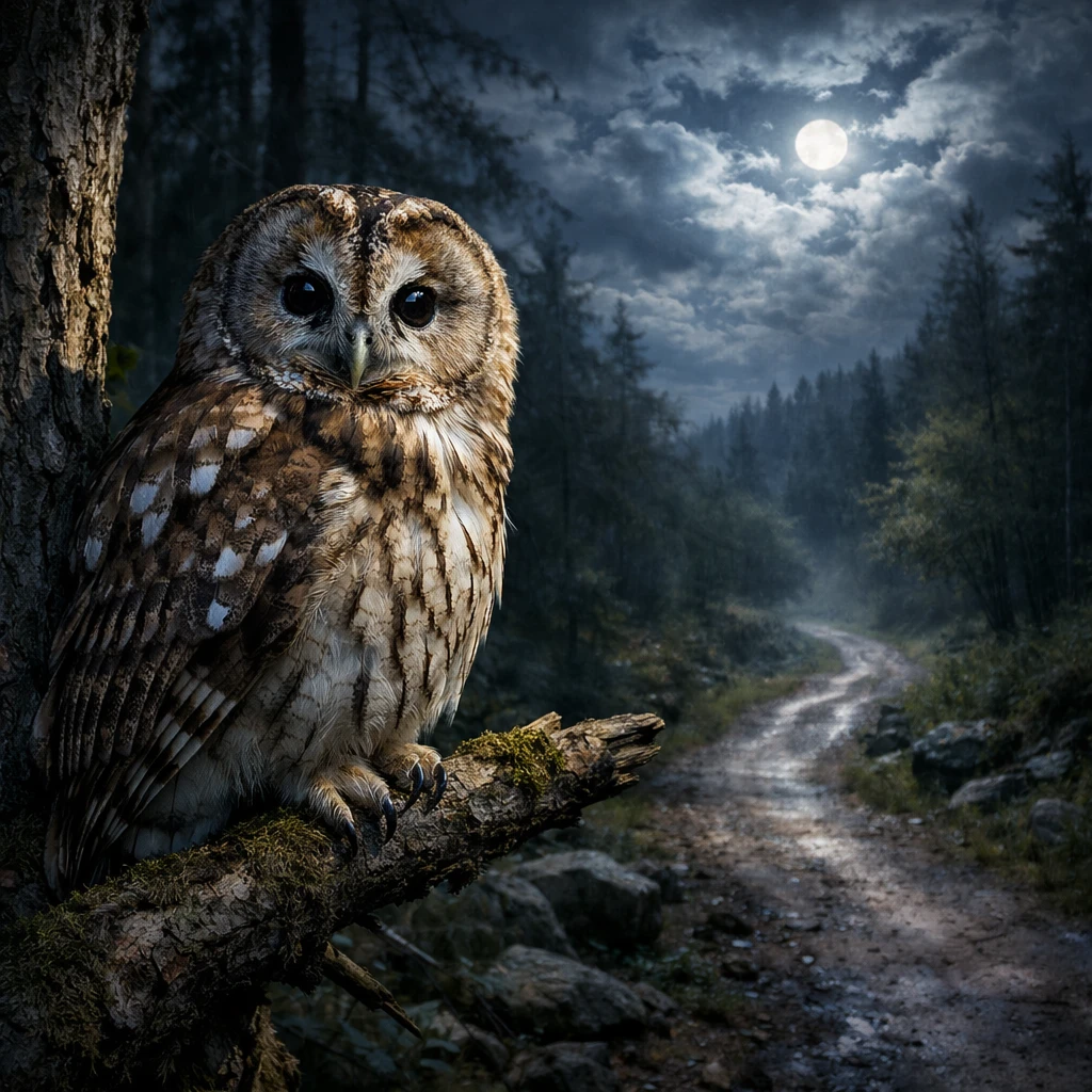 Owl On Forest Path Under Cloudy Night Sky