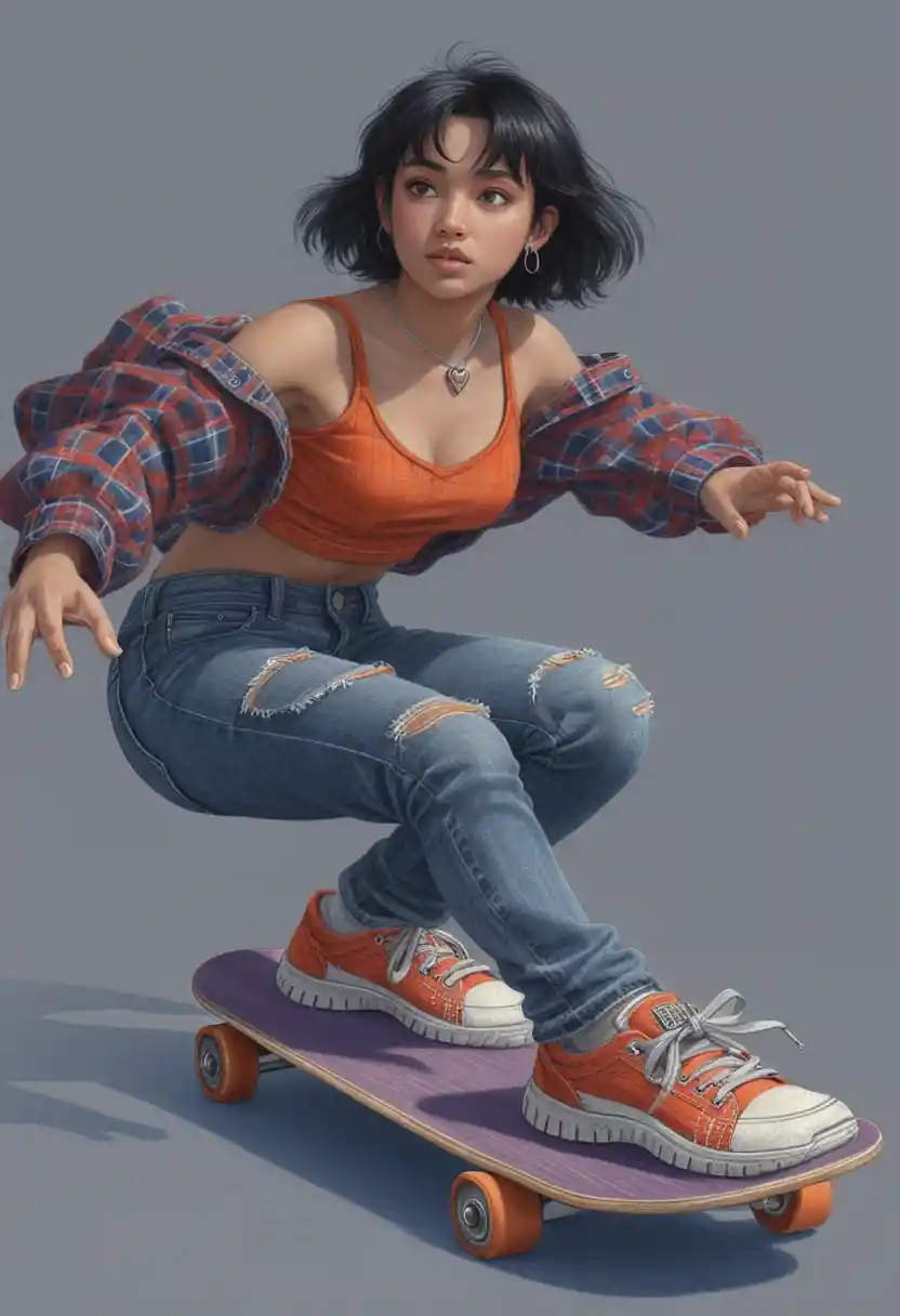 Young woman skateboarding in dynamic low angle studio view