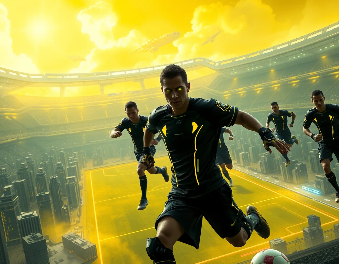 Futuristic soccer players in a neon city stadium