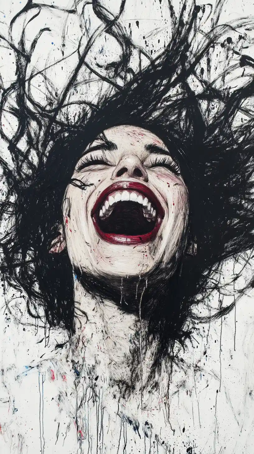 Ecstatic woman portrait with wild hair and vivid color accents