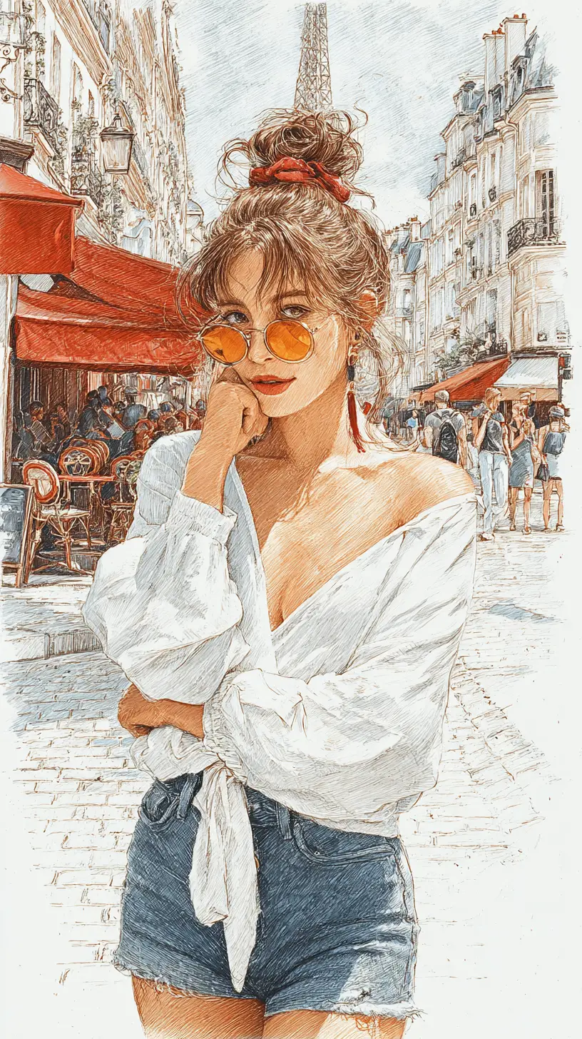 Femme élégante dans une rue de Paris en illustration aux crayons de couleur