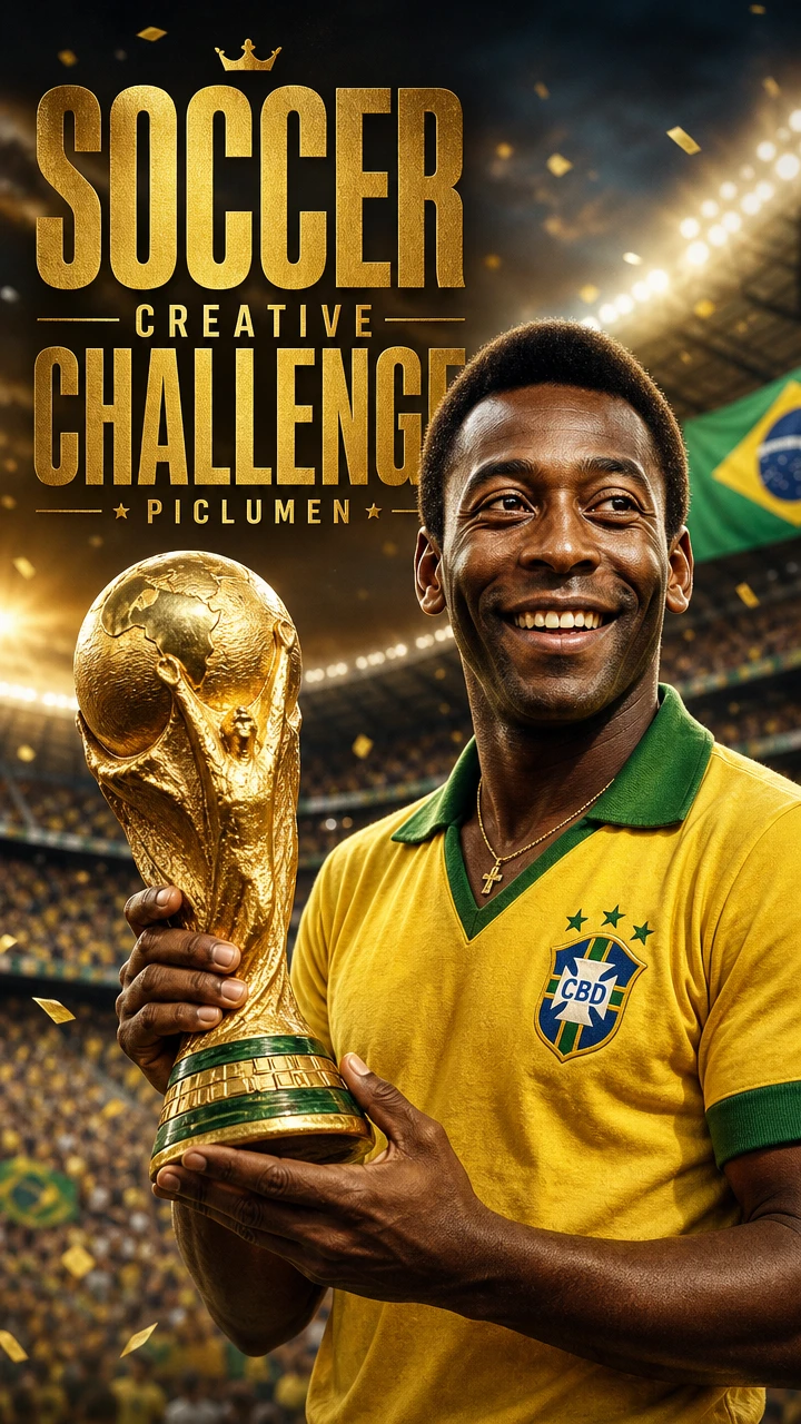 Smiling football legend holding trophy in packed stadium