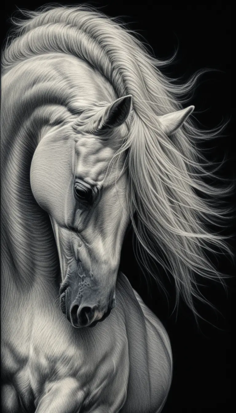 White arabian horse close up in dramatic scratchboard style