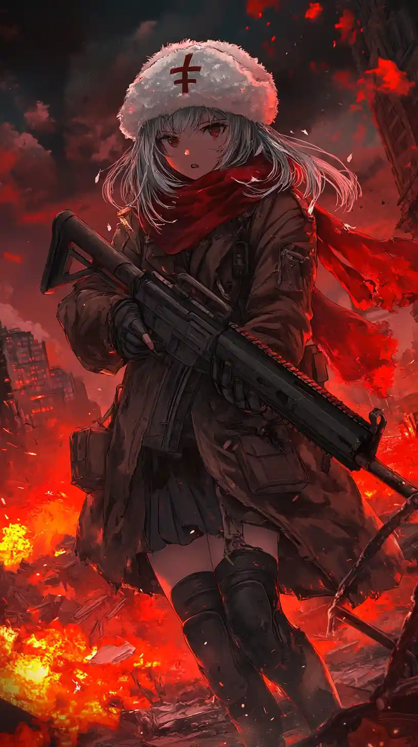 Anime girl aiming rifle in ruined urban war zone