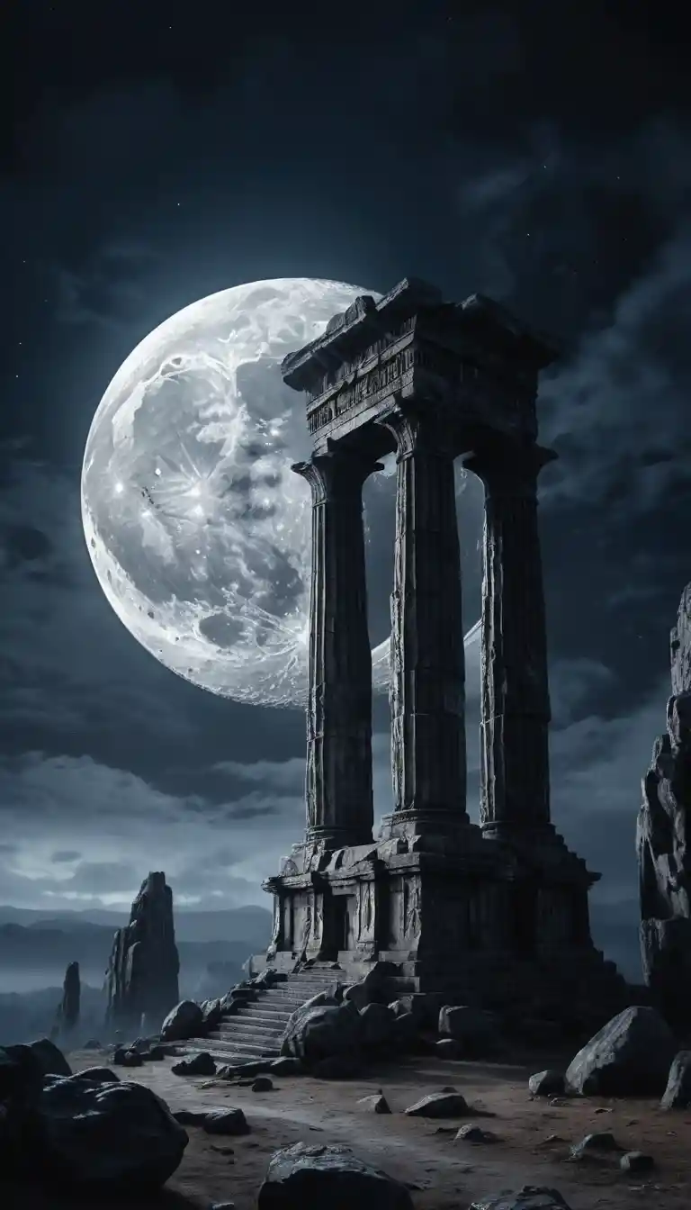 Ancient stone monolith beneath a glowing full moon