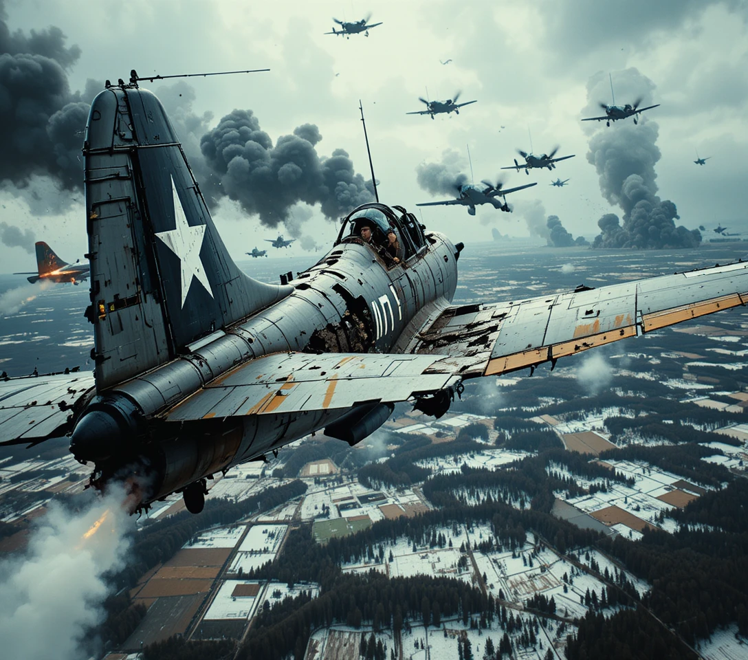 Damaged warplane with rear gunner over winter battlefield sky