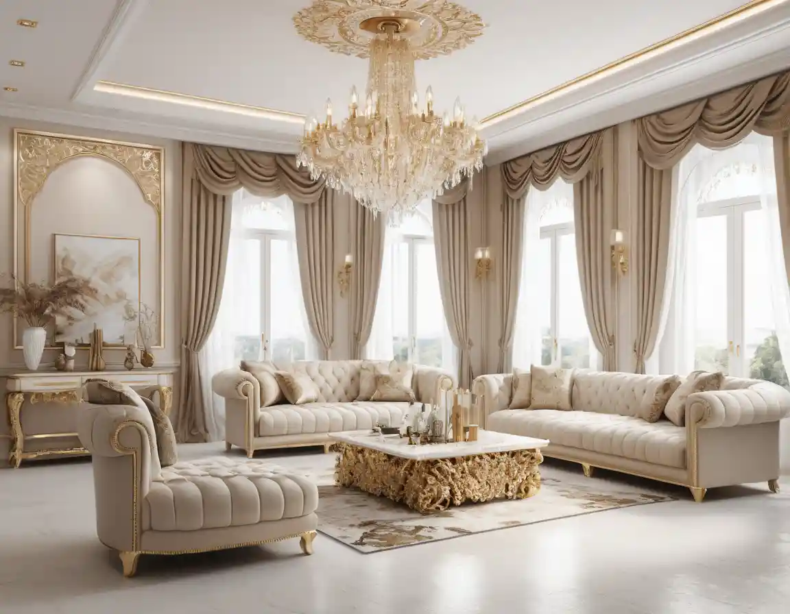 Elegant bohemian style living room in creamy beige tones