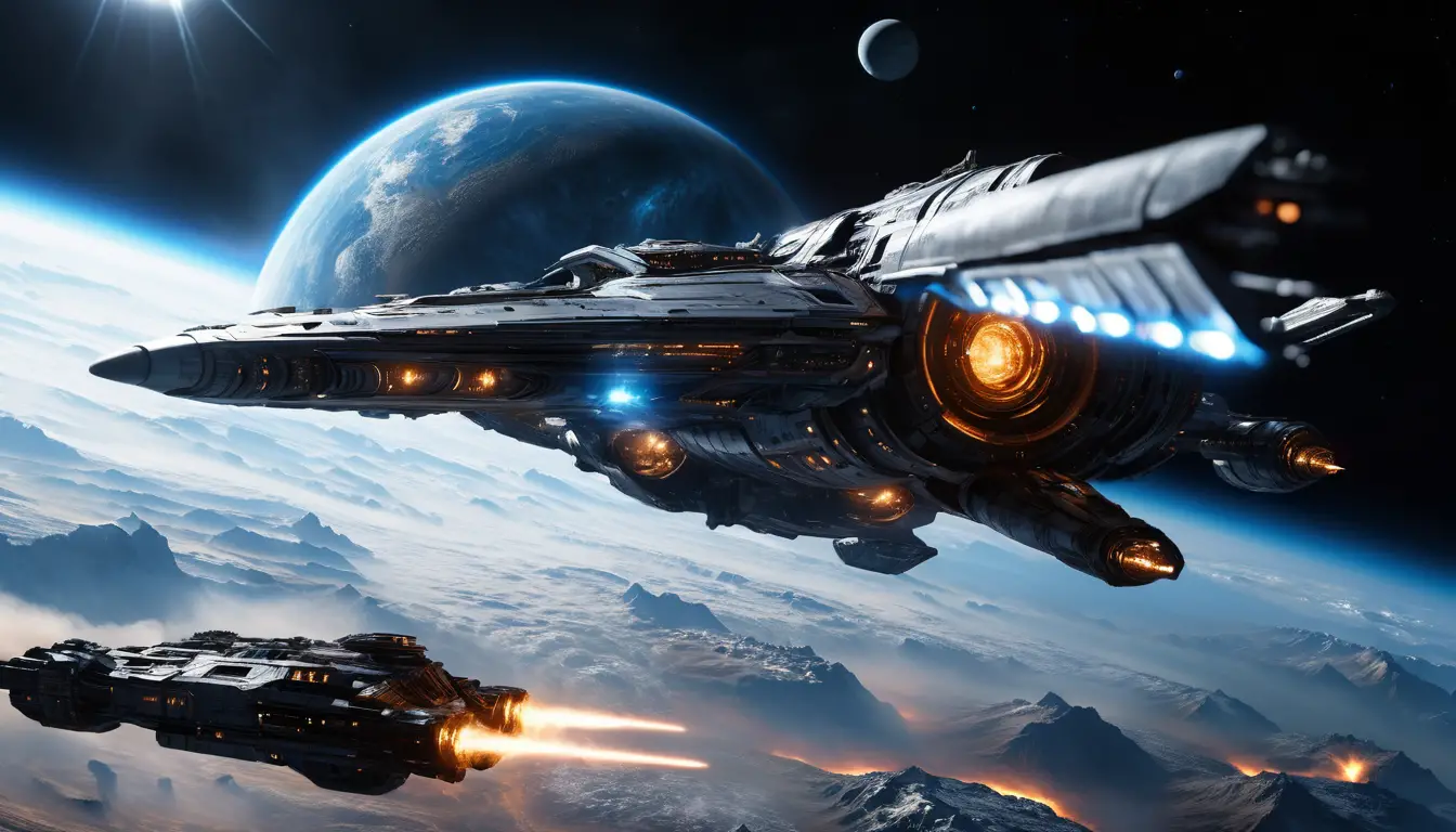 Nau de guerra futurista orbitando um gigantesco planeta gasoso azul