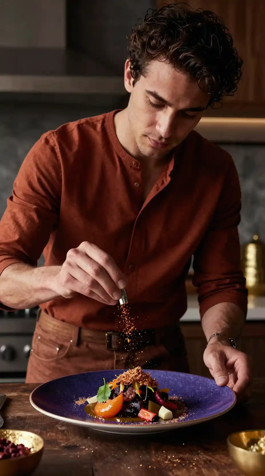 Chef dusting spices over a dish in rustic kitchen