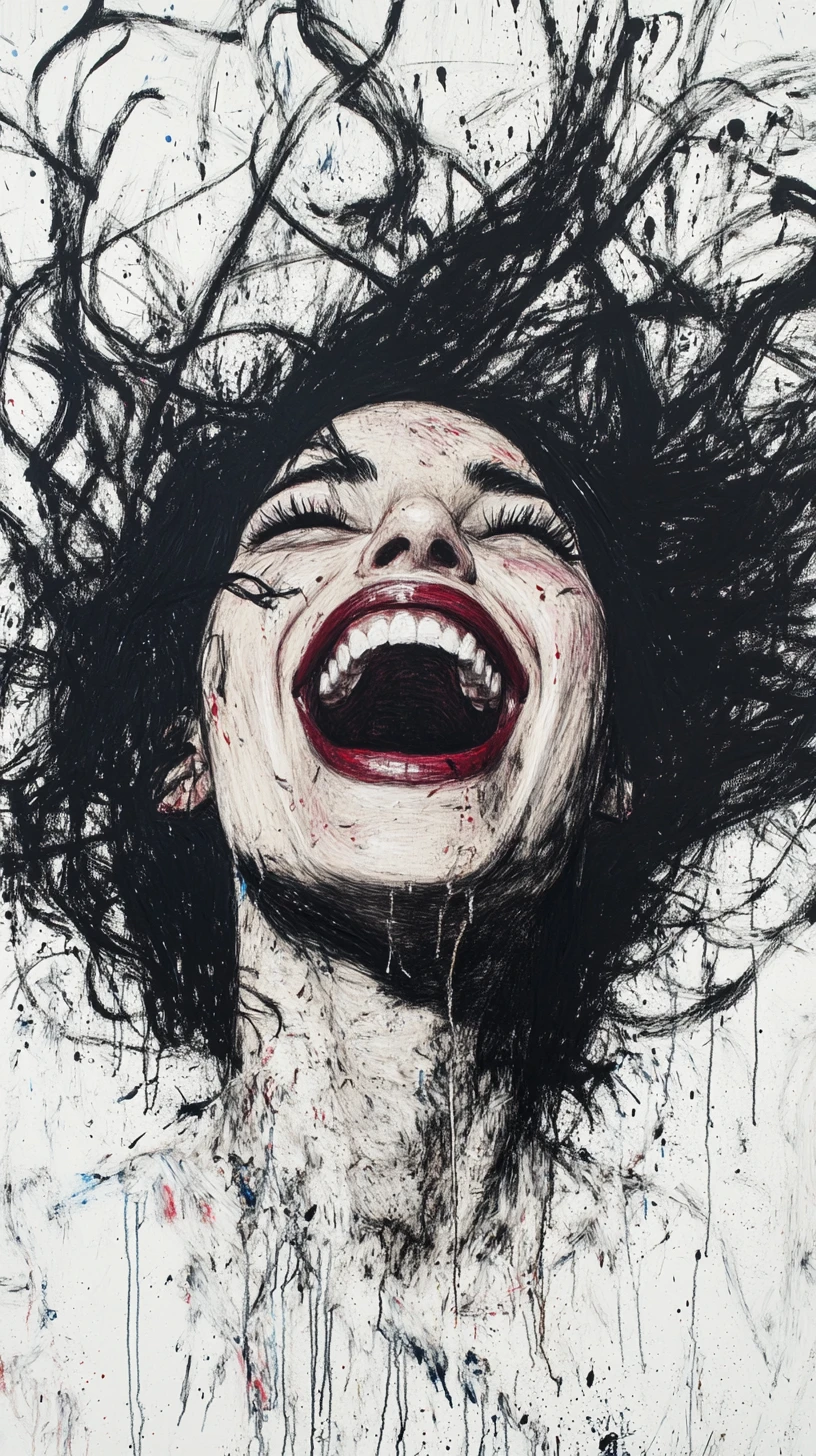 Ecstatic woman portrait with wild hair and vivid color accents