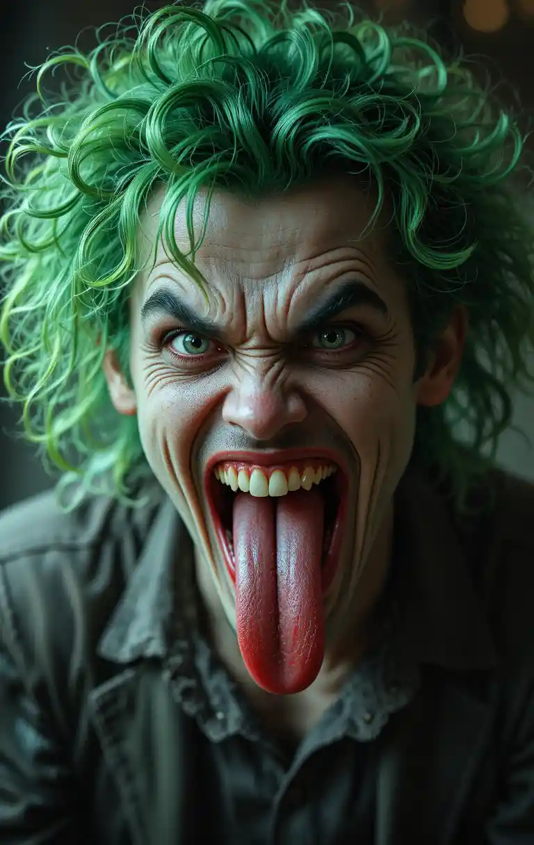 Creepy laughing man with green hair and red tongue