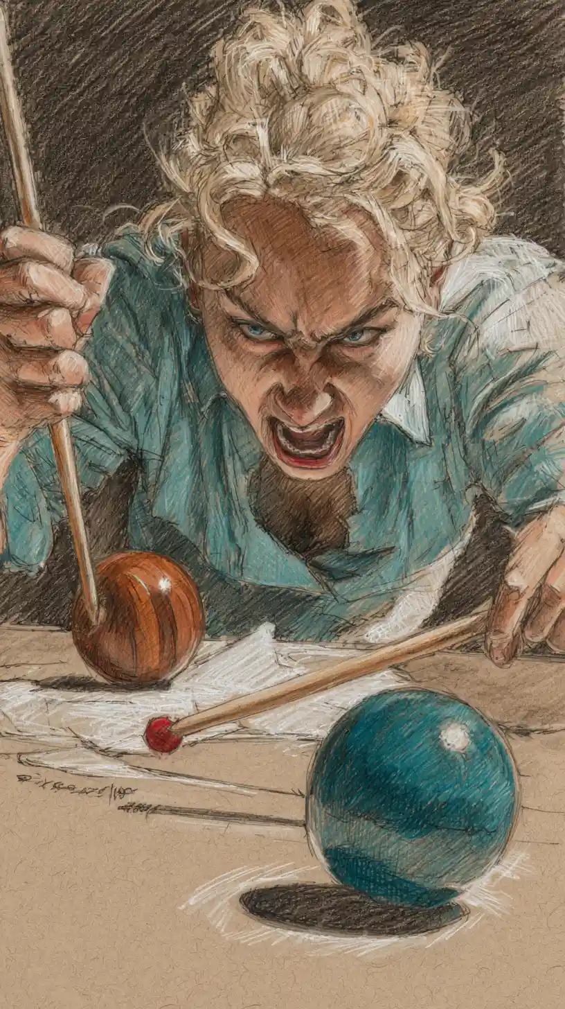 Angry blonde girl struggling with a kendama toy