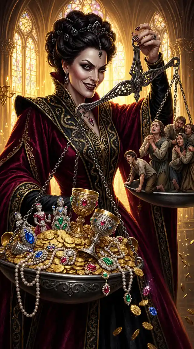 Cruel surreal woman weighing riches against tiny humans
