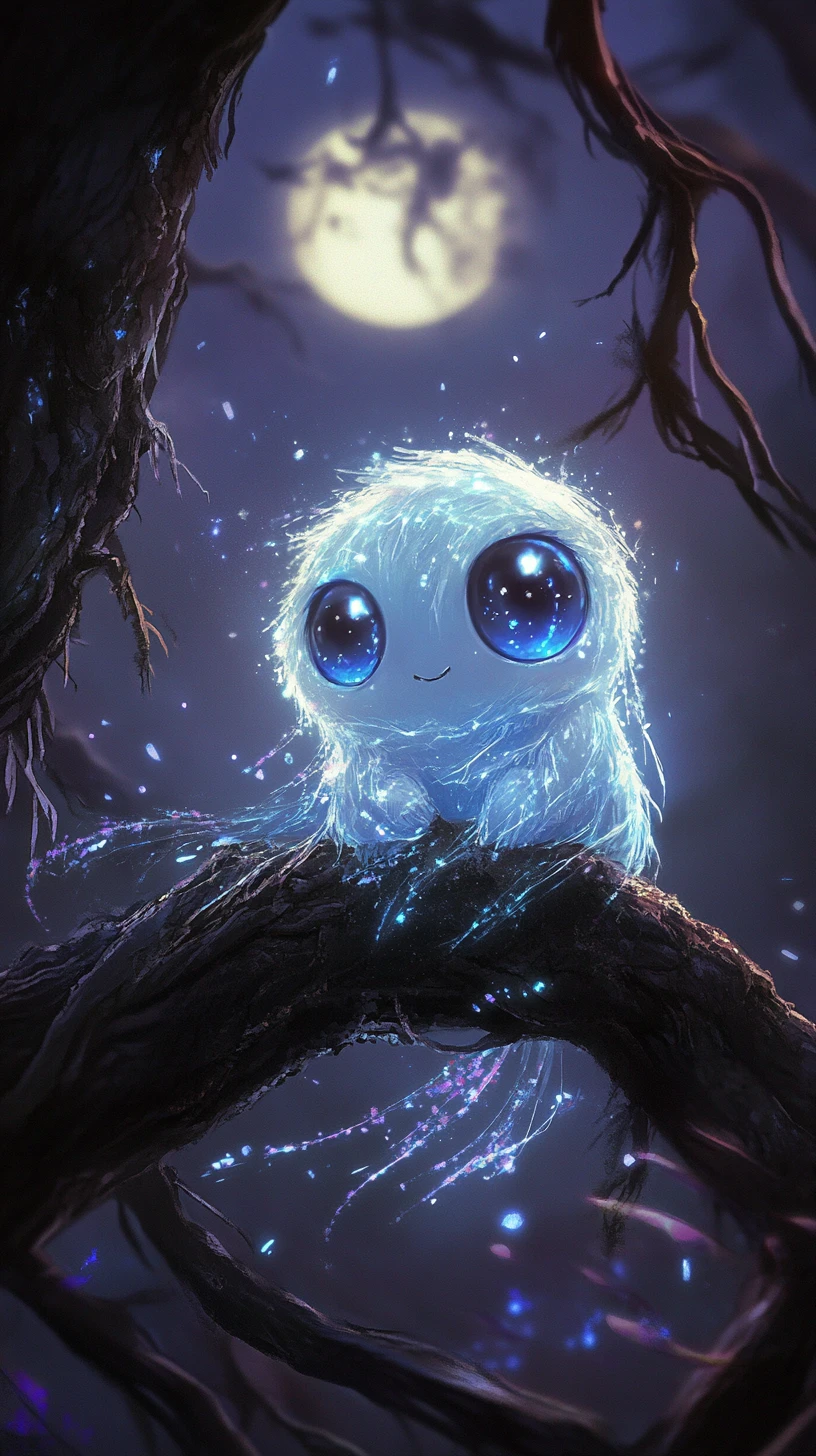 Glowing Chibi Spirit On A Branch In Enchanted Forest
