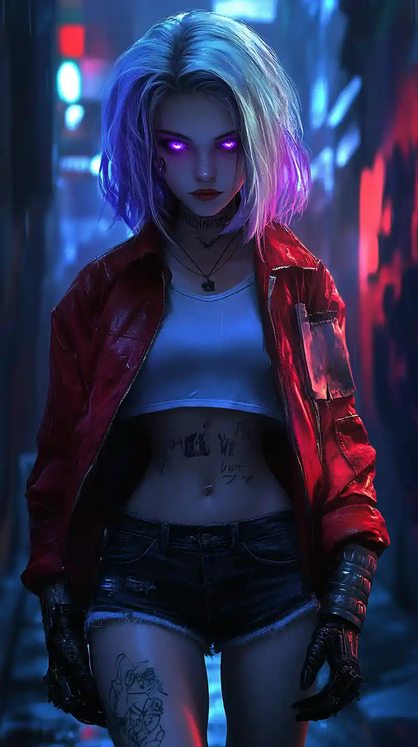Cyberpunk anime girl in neon lit urban alley