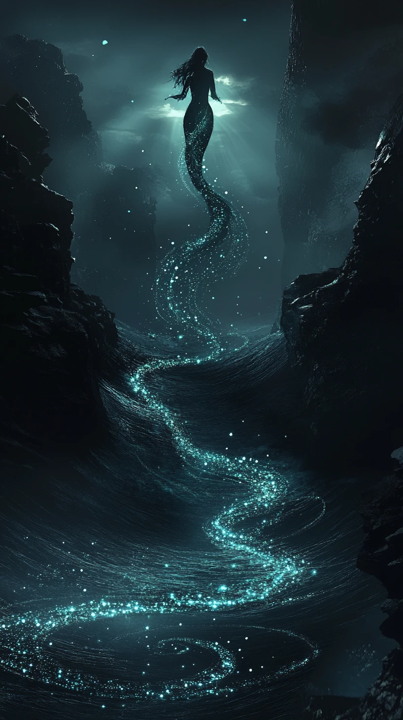 Eerie mermaid emerging from dark concentric ocean waves