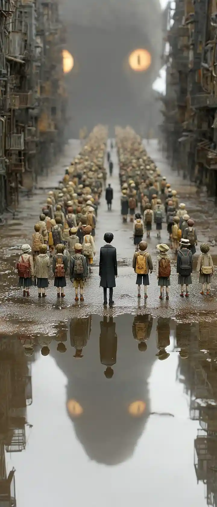 Miniature anime students gather in a rain soaked city puddle