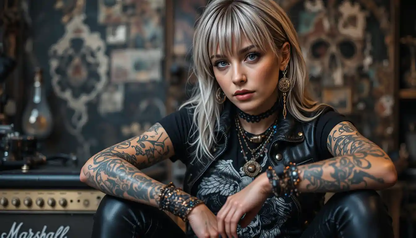 Confident tattoo artist woman in edgy rock portrait