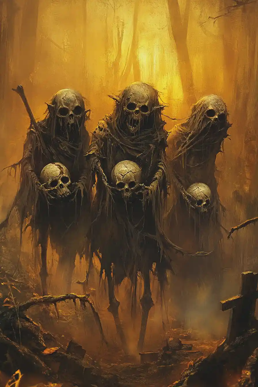 Three Goblin Creatures In A Misty Night Graveyard