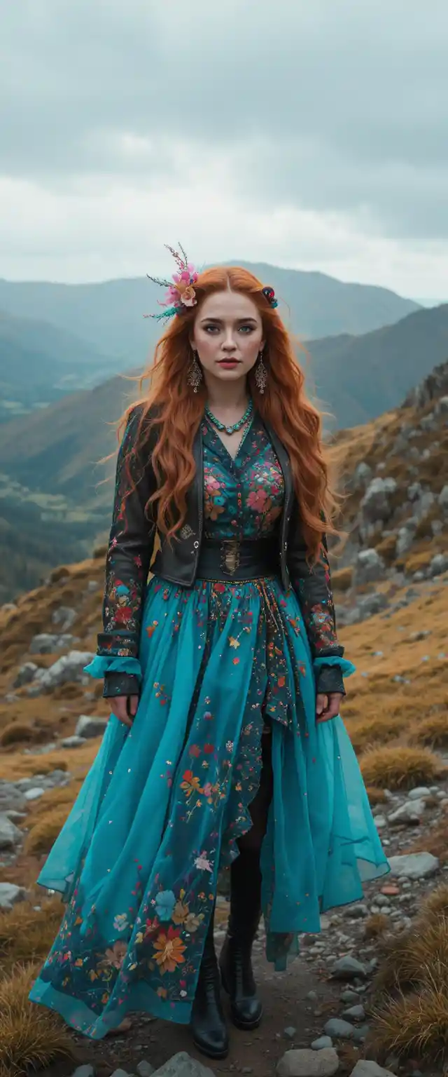 Red haired fashion woman hiking in Scottish highlands
