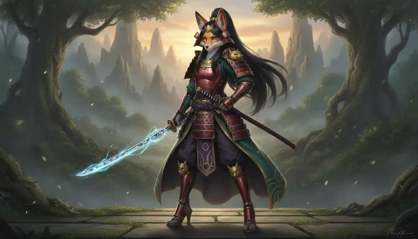 Regal fox warrior queen in ornate samurai garments