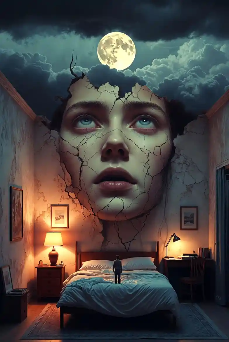 Surreal bedroom with colossal cracked face and lone figure