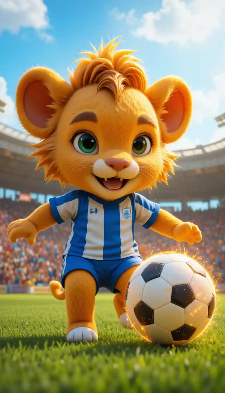 Brave little lion cub kicking a glowing soccer ball