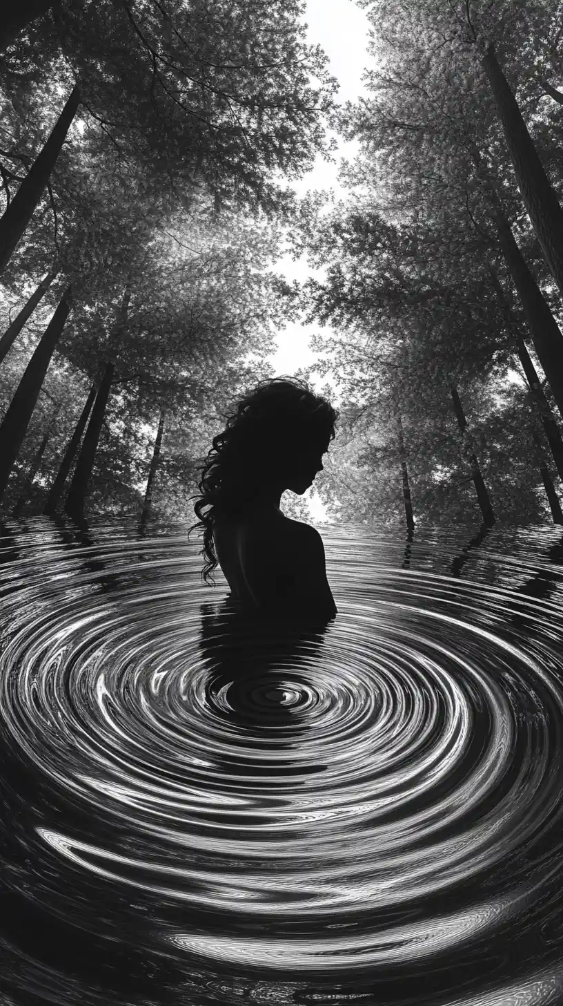 Forest nymph rising from rippling pool in surreal black and white